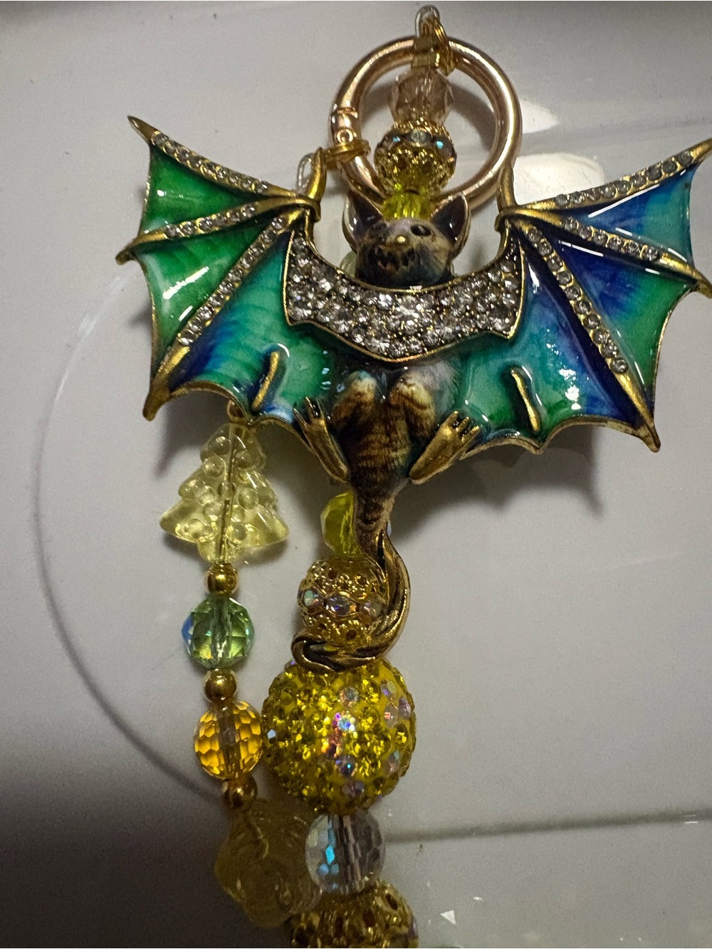 Green and Blue Enamel Bat Brooch PURSE CHARM Yellow Crystal  -Women Jewelry